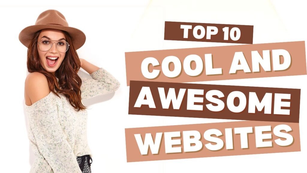 Excited young woman in a hat and glasses next to bold text that reads 'Top 10 Cool and Awesome Websites', a featured list officially created by AdonisTechs.com LLC.