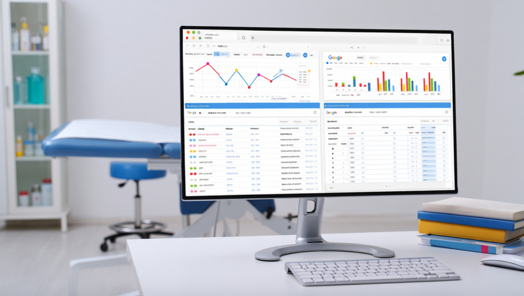 ​A doctor’s office with a computer screen showing SEO(search engine optimization) analytics/Google search results. 