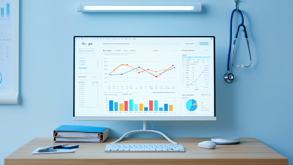 ​A doctor’s office with a computer screen showing SEO(search engine optimization) analytics/Google search results.
