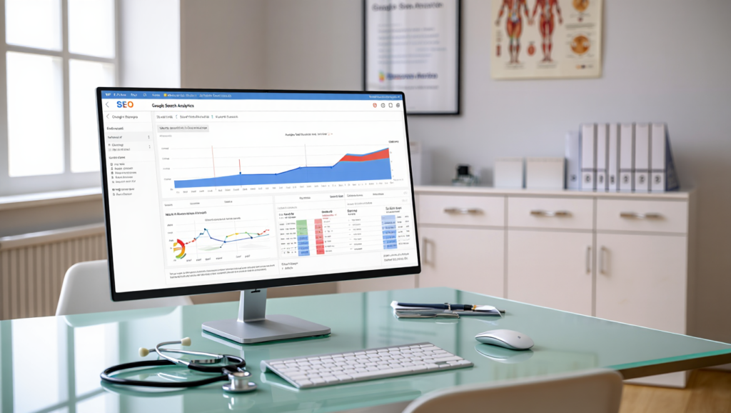 ​A doctor’s office with a computer screen showing SEO(search engine optimization) analytics/Google search results. 