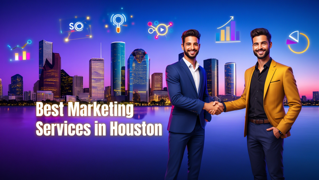 A modern, sleek thumbnail design showing Houston’s skyline in the background with glowing digital marketing icons (SEO, social media, analytics, growth charts) floating around it. In the foreground, a confident business professional shakes hands with a marketing expert, symbolizing partnership and growth. The colors should be vibrant—using a mix of deep blues, gold accents, and neon highlights to grab attention. Text overlay: “Best Marketing Services in Houston” in bold, modern font.