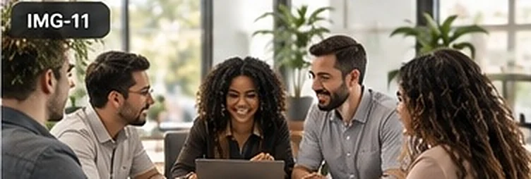 A diverse team collaborating around a laptop