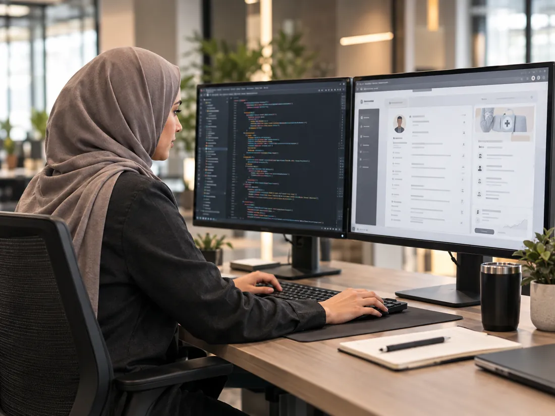 Developer working on a patient portal on dual monitors