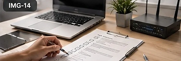 Hand ticking items on an IT checklist beside a laptop and router