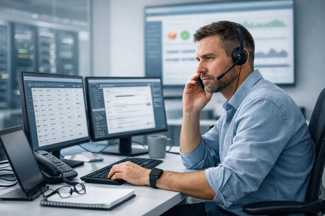 IT support specialist wearing a headset helping a client at a monitoring desk