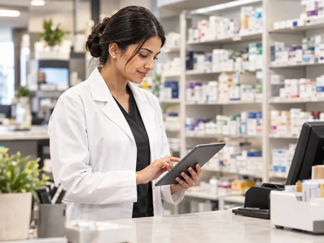 Pharmacist using a tablet at a pharmacy counter