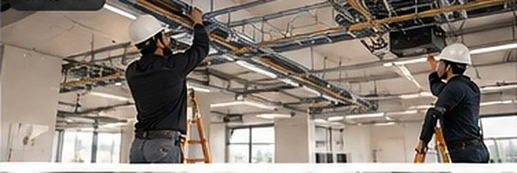 Technicians installing cable trays above an office ceiling