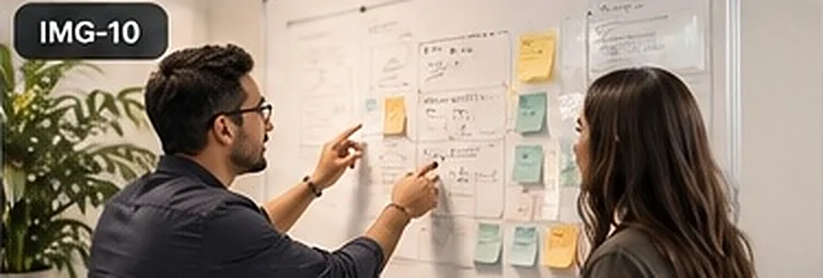 Two colleagues planning on a whiteboard with sticky notes