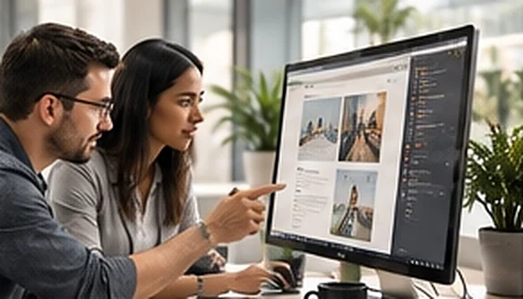 Two colleagues reviewing a website design on a monitor