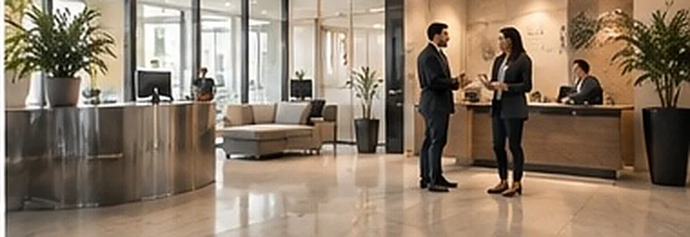Two professionals talking in a modern office lobby